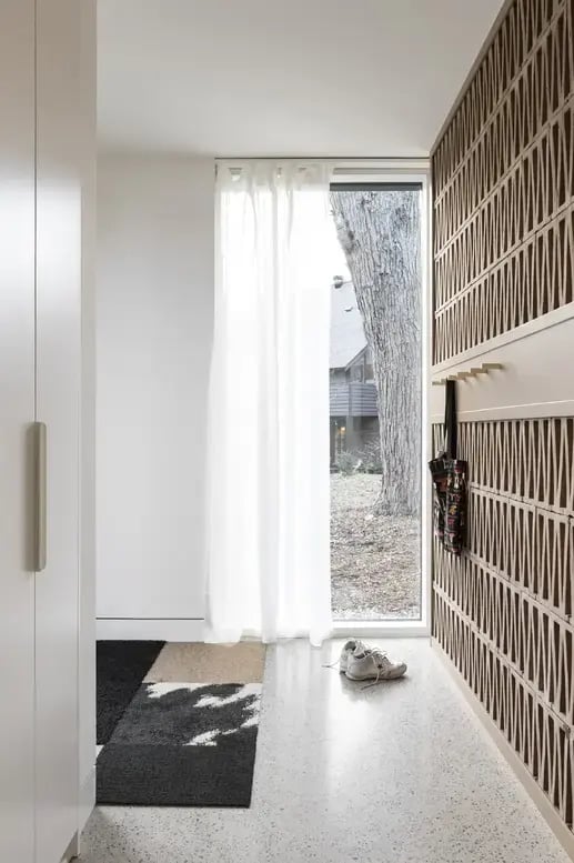 Parkdale, Toronto laneway house, front entrance, wood accent wall