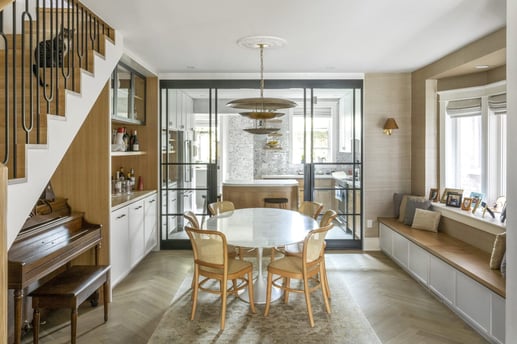 Toronto home renovation, gold and white, first floor, gold chandalear