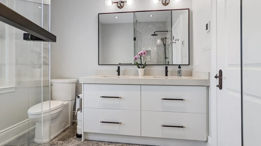 white bathroom with double sink