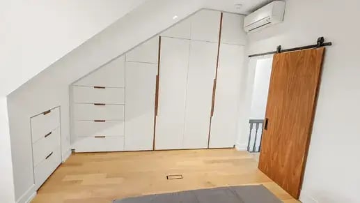 Parkdale, Toronto home renovation, third floor bedroom, custom cabinets and millwork